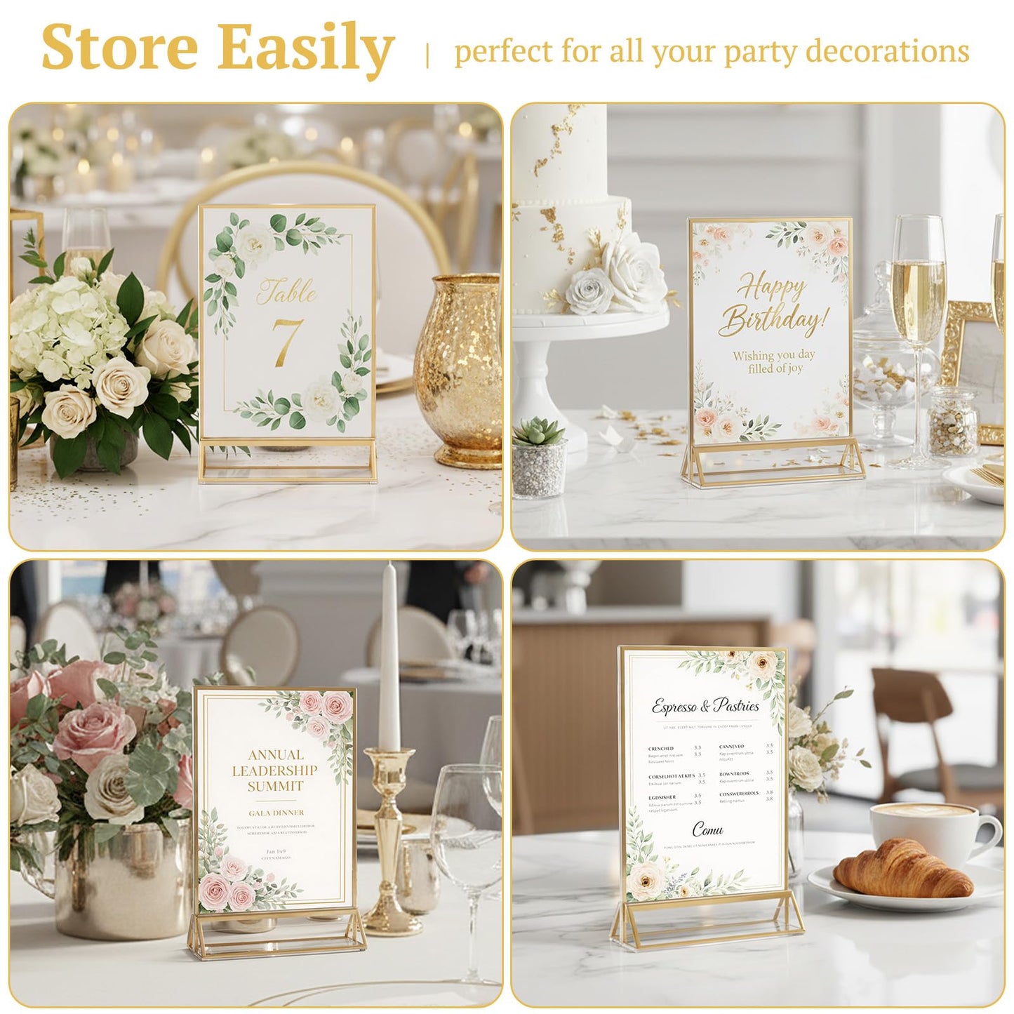 EHWINE 24 Pack Acrylic Sign Holder 5 x 7, Double Sided Gold Picture Frame Stand up Table Top Sign Holders, Clear Display Stand Menu Flyer Holder for Wedding Party