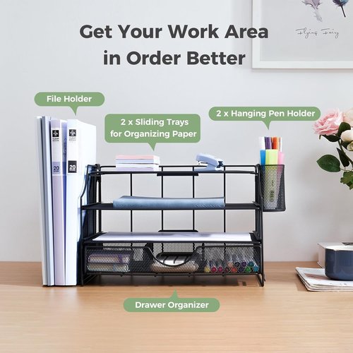 Regine Switzerland 4-Tier Desk Organizer - Mesh Letter Tray with Drawer | Vertical File Holder for Office Supplies