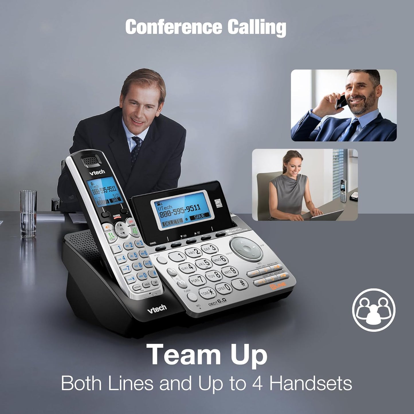 VTech 2-Line Cordless Phone - Home & Business Use with Answering System | Caller ID, Intercom, Hearing Aid Compatible (Black/Silver)