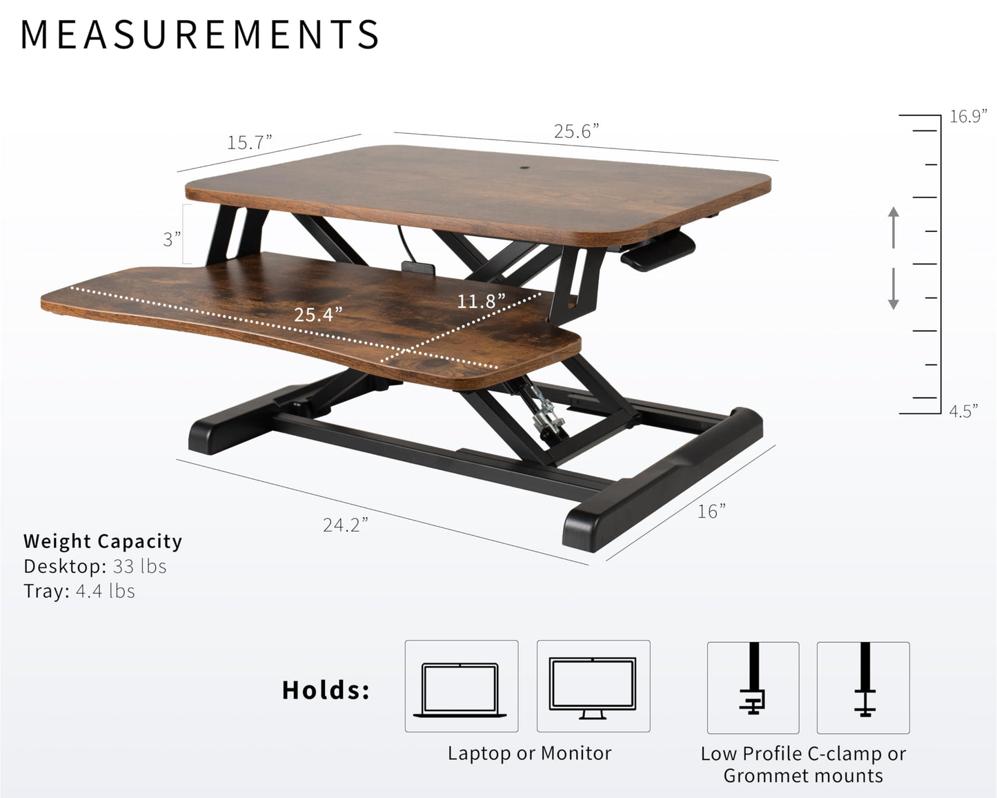 VIVO 26 inch Desk Converter, K Series, Height Adjustable Sit to Stand Riser, Dual Monitor and Laptop Workstation with Keyboard Tray, Rustic Vintage Brown Top, Black Frame, DESK-V026KN