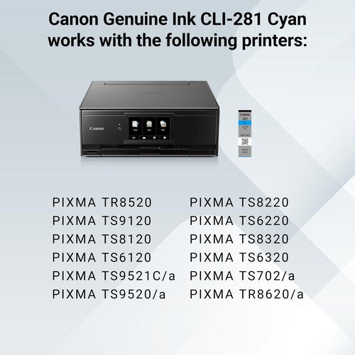 Canon CLI-281 Genuine Cyan Ink Tank, Compatible with TR8520, TS9120,TS8120, TS6120, TS9521C/a, TS9520/a, TS8220, TS6220, TS8320, TS6320, TS702/a, and TR8620/a Series Printers