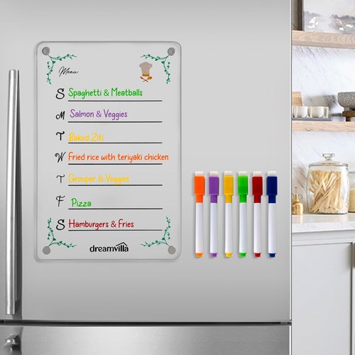 Skiennix Acrylic Magnetic Menu Planner - Clear Dry Erase Board for Weekly Meal Planning & Grocery List
