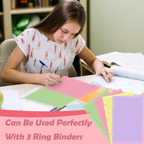 100 sheet Half Letter Graph Paper Refill 3 Hole Punch 5-1/2 x 8-1/2 College Ruled Grid Paper Pad Math Graph Paper Pad Colored Mini Binder Paper Planner Inserts Fits 3 Ring Binders For Office