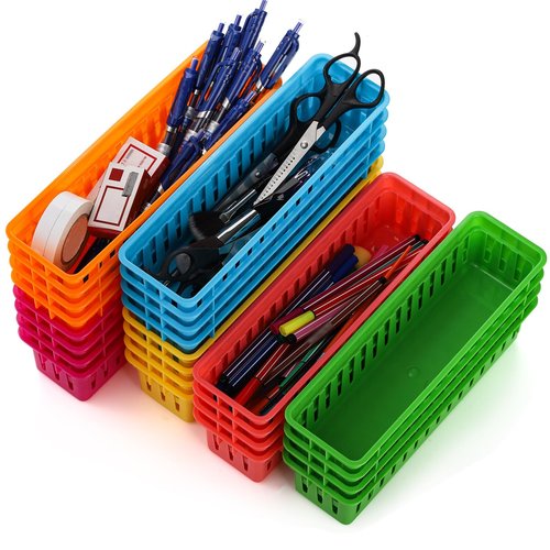 ZEAYEA 24 Pack Classroom Storage Baskets, Classroom Pencil Organizer Baskets for Desk, Drawer, Plastic Pen and Pencil Basket Trays, Crayon Basket for Office Home, 9.3" L x 2.2" W x 2.4" H