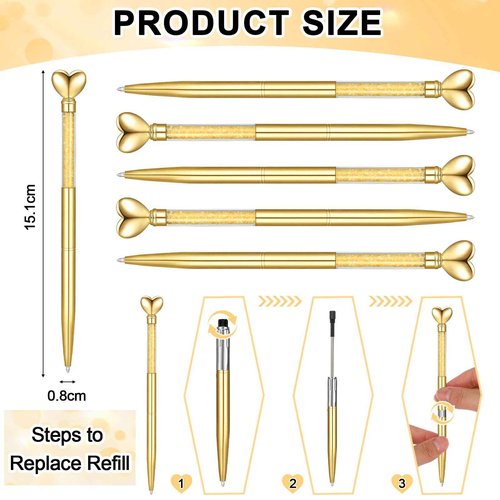 Jetec 50 Pcs Heart Shaped Ballpoint Pens Bulk Operation Christmas Items Wedding Glitter Retractable Metal Pens Black Ink Diamond Crystal Bling Bridal Shower Gifts Office Supplies(Gold)