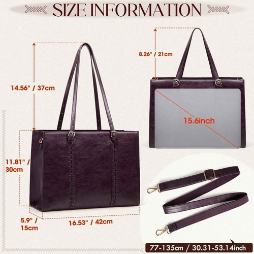 RAINSMORE Laptop Bag for Women, 15.6 inch Laptop Tote Bag PU Waterproof Computer Work Bags for Women Professional Business Office Briefcase Lightweight Shoulder Handbags, Purple