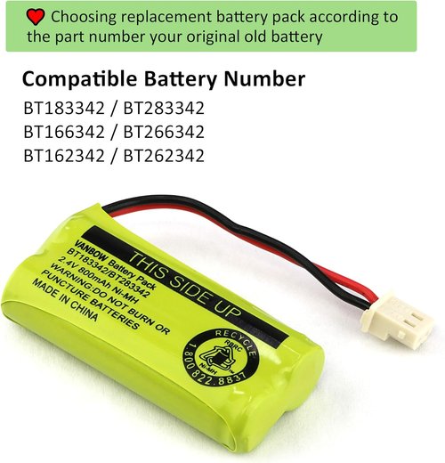 BT183342 | 2.4V 800mAh Ni-MH Battery Pack for AT&T VTech Cordless Phones - Pack of 2