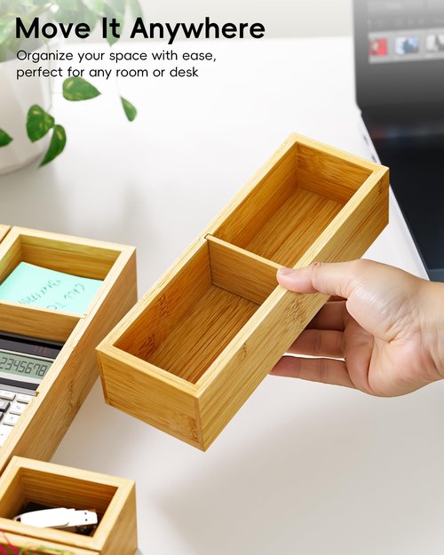 VA1KENE Desk Drawer Organizer Tray Set of 6 – Bamboo Office Storage Boxes with 12 Compartments for Office Supplies, Cosmetics, Jewelry and More