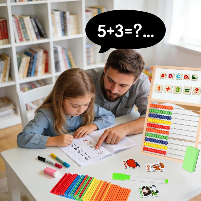 Sariiraw Wooden Abacus for Kids Math – Double-Sided Drawing Board with 100 Counting Sticks, 3 Sets Cards, Clock & Accessories, Educational Learning Toy for Ages 3-8, Homeschool & Preschool Essentials