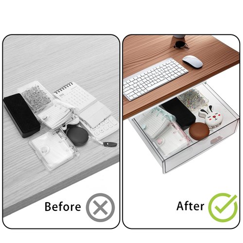 SOUJOY 2 Pack Self-adhesive Under Desk Drawer, Hidden Slide Out Organizer Tray, Plastic Under Table Attachable Hidden Storage Organizer for Office Home School Kitchen Sewing Table