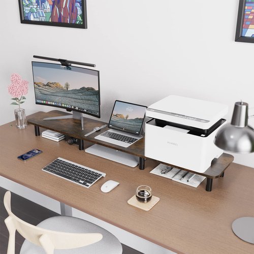 WEGASTU Dual Monitor Stand - 43.7 inch Extra Long Wide TV Stand - Wood & Steel Leg Desktop Riser - Desk Organization - Home Office (Vintage)