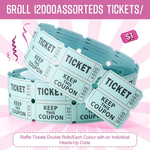 Kosiz 12, 000 Tactical Raffle Tickets, Double Roll, Raffle Tickets 2000 Tickets per Rollfor Events, Carnivals, Entry, Drink/Food Tickets, Classroom Reward, Bingo, Auction, Prizes, 6colors