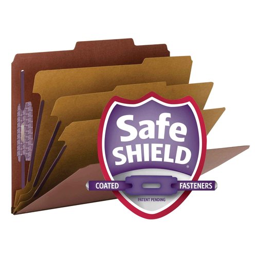 Smead Pressboard Classification File Folder with SafeSHIELD Fasteners, 3 Dividers, 3" Expansion, Letter Size, Red, 10 per Box (14092)