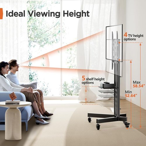 Perlegear Rolling TV Stand - Height Adjustable Mobile Cart for 32-85 Inch Screens | Supports 132 lbs