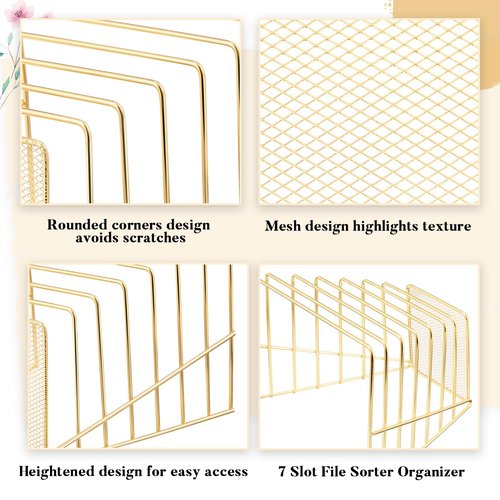 Chivertion 2 Pcs 7 Slot Incline File Sorter Metal Wire Mesh File Racks for Desktop Letter Sorter for Magazine Folder Book Organizer Home Office School Paper Mail Desk Storage Holder(Golden)