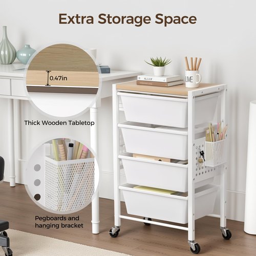 Rolling Cart with 4 Drawers, Plastic Drawer Storage Carts with Lockable Wheels & Wooden Tabletop, Metal Utility Cart with Pegboards, Office Living Room Classroom Craft Organization and Storage, White