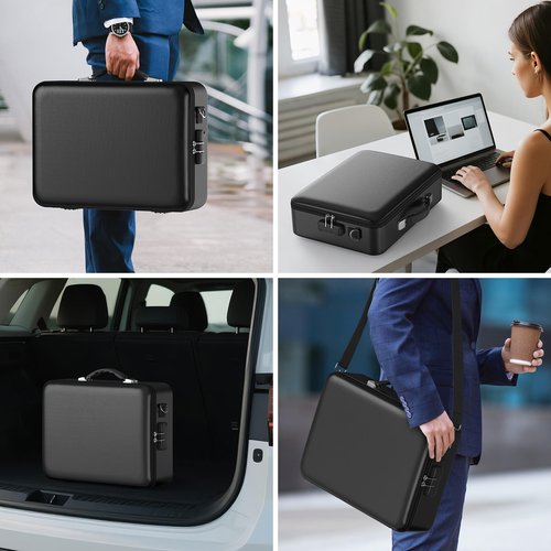 Chokoter Fireproof Document Box with Lock＆Shoulder Strap, Hard-Shell Case File Organizer with Accordion File Folder, Multi-Layer Portable Home Office (Black)