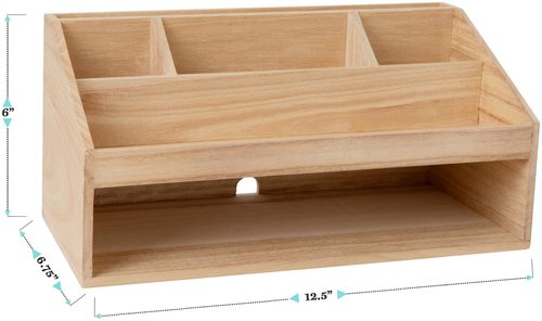 Martha Stewart Weston Wooden Desktop Organizer with Open Lower Storage Compartment, Paulownia Wood Multipurpose Storage Caddy, Light Natural