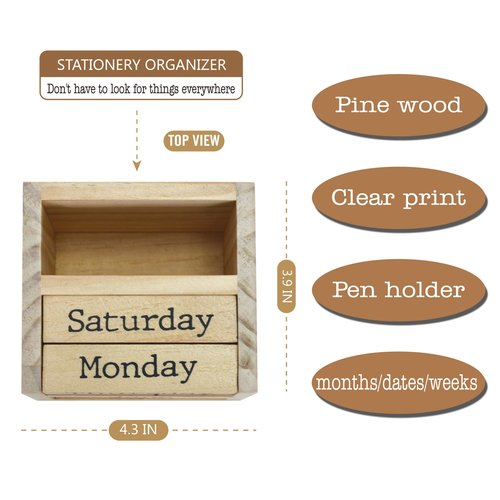 EXQUIDECA Wooden Blocks Perpetual Calendar with Pen Holder - Natural Pine Wood Home Office Desk Organizer -Reusable Date Week Month Accessories Tabletop Ornament