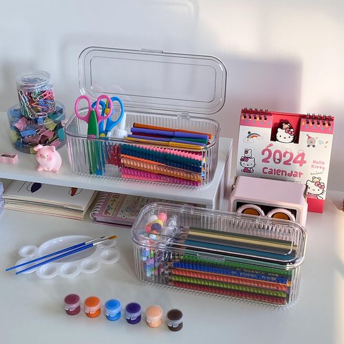 NINEWEEN 3 Pack Clear Pen Organizer for Desk Drawer, Plastic Home Office Supplies Storage Container for Marker, Crayons, Brushes, Mini Toys, Art Crafts, Pencil Case with Lid