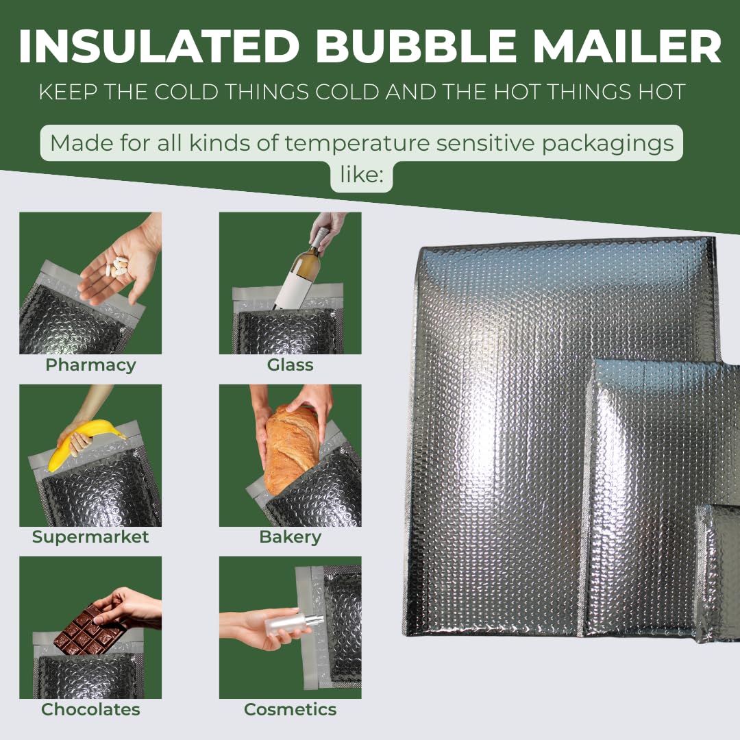25-Pack IIP Texas Insulated Bubble Mailers, Thermal Radiant Barrier, Waterproof Self-Seal Shipping Bags, Metallic Silver, Multiple Sizes (11" x 15" / 25 Count)