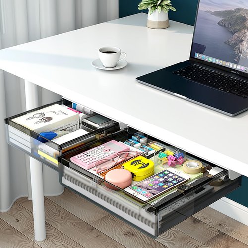 2 Pack Under Drawer Organizer, Slide Out Under Desk Storage, Self-Adhesive Drawer Attachment for Office, School, Home, Hidden Desktop Organizer for Office Supplies & Home Essentials (Black)