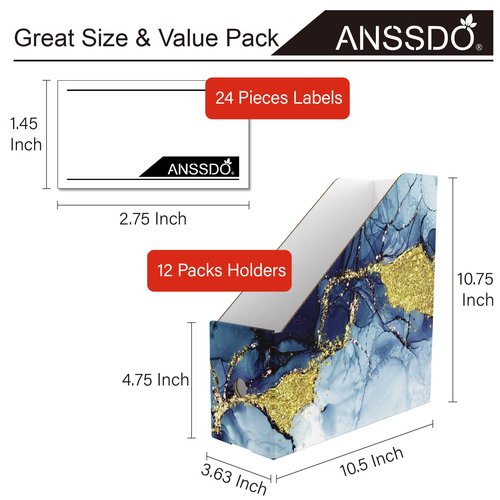 ANSSDO 12 Pack Cardboard Magazine Holder Premium Magazine File Holder Organizer, Magazine File Organizer, Large Volume Magazine Storage Box as Book Bins or Folder Holder for Desk - Blue Gold 12 Pack