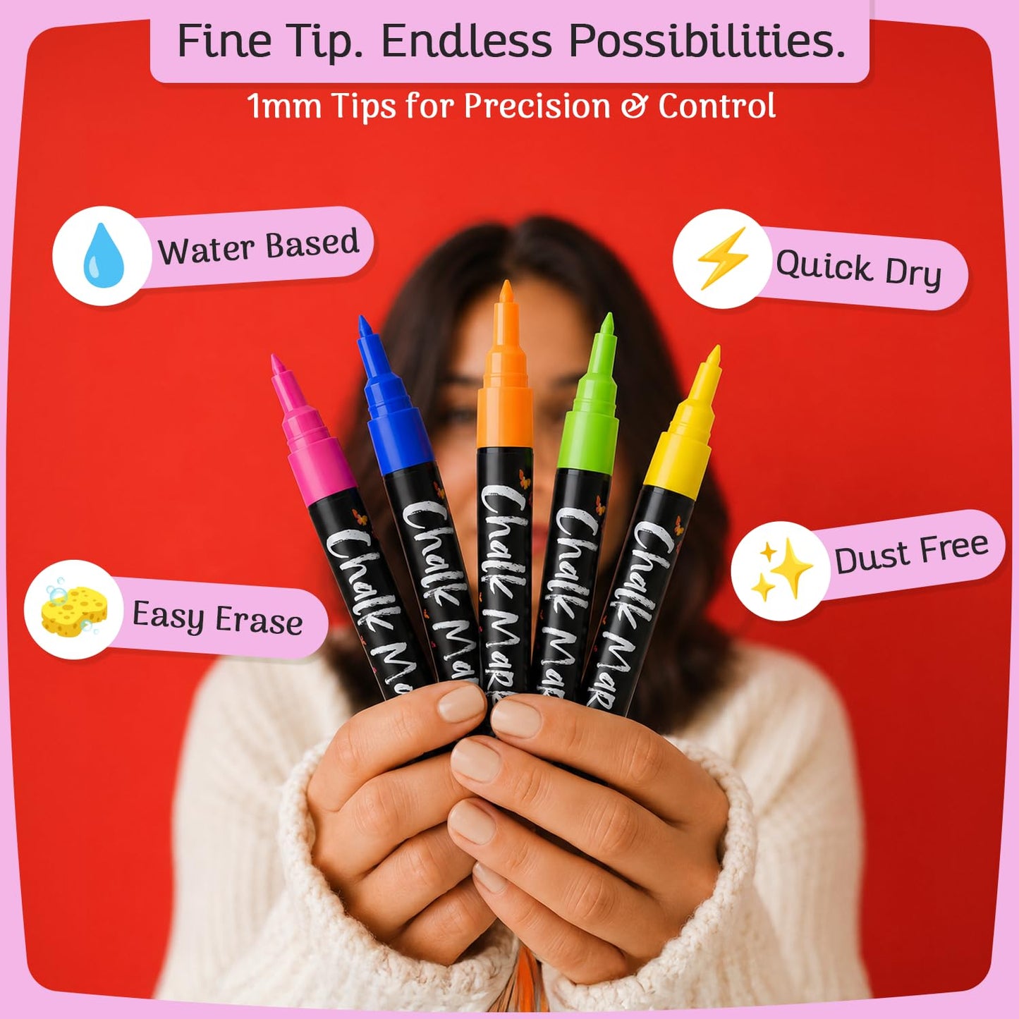 Extra Fine Tip Liquid Chalk Markers for Blackboard (30 Pack 1mm) Pastel + Neon Chalk Pens - Erasable Dry Erase Marker for Chalkboard, Blackboards, Window, Bistro, Car - Fine Tip Chalkboard Markers