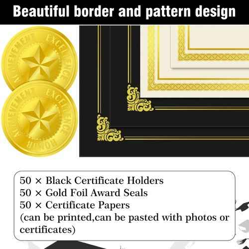 150 Pcs Certificate Kit Include 50 Certificate Holders 50 Paper and 50 Embossed Seal Stickers Diploma Covers for Graduation, Competition Supplies(Black)