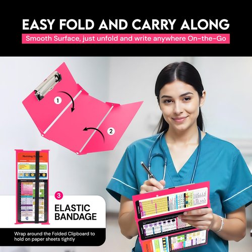 Nursing Clipboard Foldable with Medical Edition Cheat Sheets, 3 Layers Aluminum Foldable Clipboard for Nursing, Notepad for Students, Nursing School Essentials (Pink)