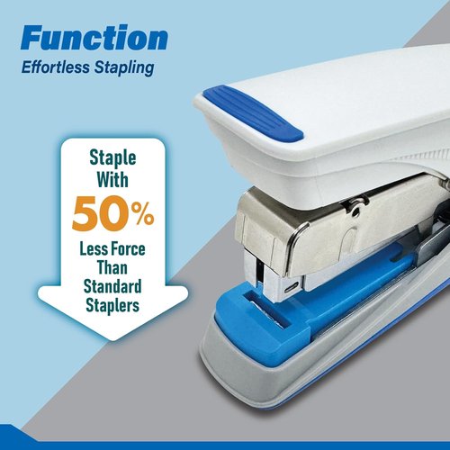 Easy-Flat Stapler | Effortlessly Staples 20-25 Sheets with 50% Less Force - Durable Steel/ABS Design (Blue & White)