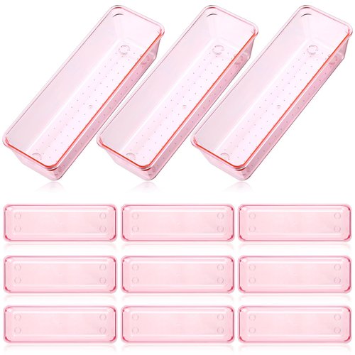 Maitys 12 Pcs Vanity Drawer Organizer 9 x 3 x 2 Inches Clear Plastic Utensil Organizers Kitchen Drawers Dividers for Office Desk Silverware Kitchen Utensils Cosmetics and Bathrooms(Pink)