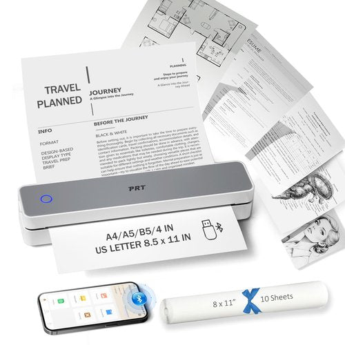 PRT Inkless Portable Printer for Travel, Wireless Thermal Printer Support 8.5 x 11 Inch US Letter A4 B5, Bluetooth Mobile Printers with iOS, Android, Laptop for Home Use, Car, Office, School, Grey