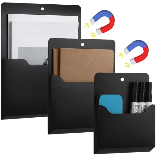 Patelai 3 Pcs Magnetic File Holder, Pocket Vertical Magnetic Paper Holder Pen Holders for Fridge Classroom Whiteboard Office File Cabinets Mail Letter Magazine Notebooks Documents(Multi Size,Black)