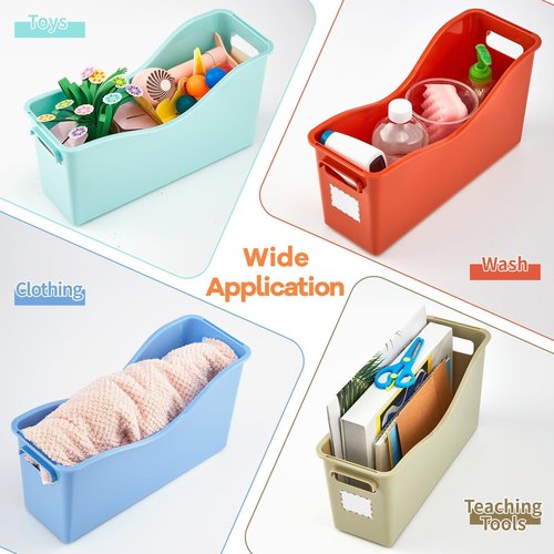 6 Pack Plastic Book Bins for Classroom with Labels 11.8×3.5×7.1 in Boho Magazine File Binder Holder Organizer Basket Storage Box for Library Home Office Teacher Supplies School Classroom