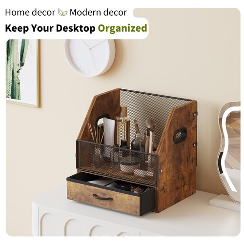 VonDream Vinyl Record Storage with Drawer, Vinyl Record Box Case Crate, Desktop Metal & Wooden LP Record Crate, Holds up to 60 Records (Antique)
