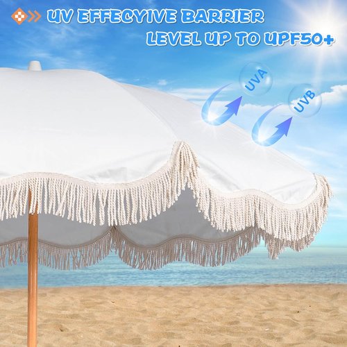 Skiennix 6.5ft Boho Beach Umbrella - UPF 50+ Fringe Design with Carry Bag | Premium Wood Pole for Outdoor Use
