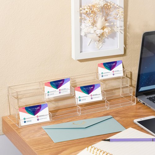 Hoteam Acrylic Business Card Holder for Desk Multiple 16 Slot 4 Tier Large Business Card Organizer Display Rack Clear Plastic Holder Stand for Home(2 Pcs)