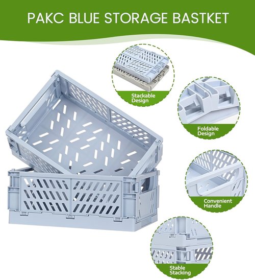 HUUSMOT Small Pastel Plastic Storage Baskets - Collapsible Organizing Crates | Space-Saving Mini Bins (Blue, 9.8" x 6.5" x 3.8")