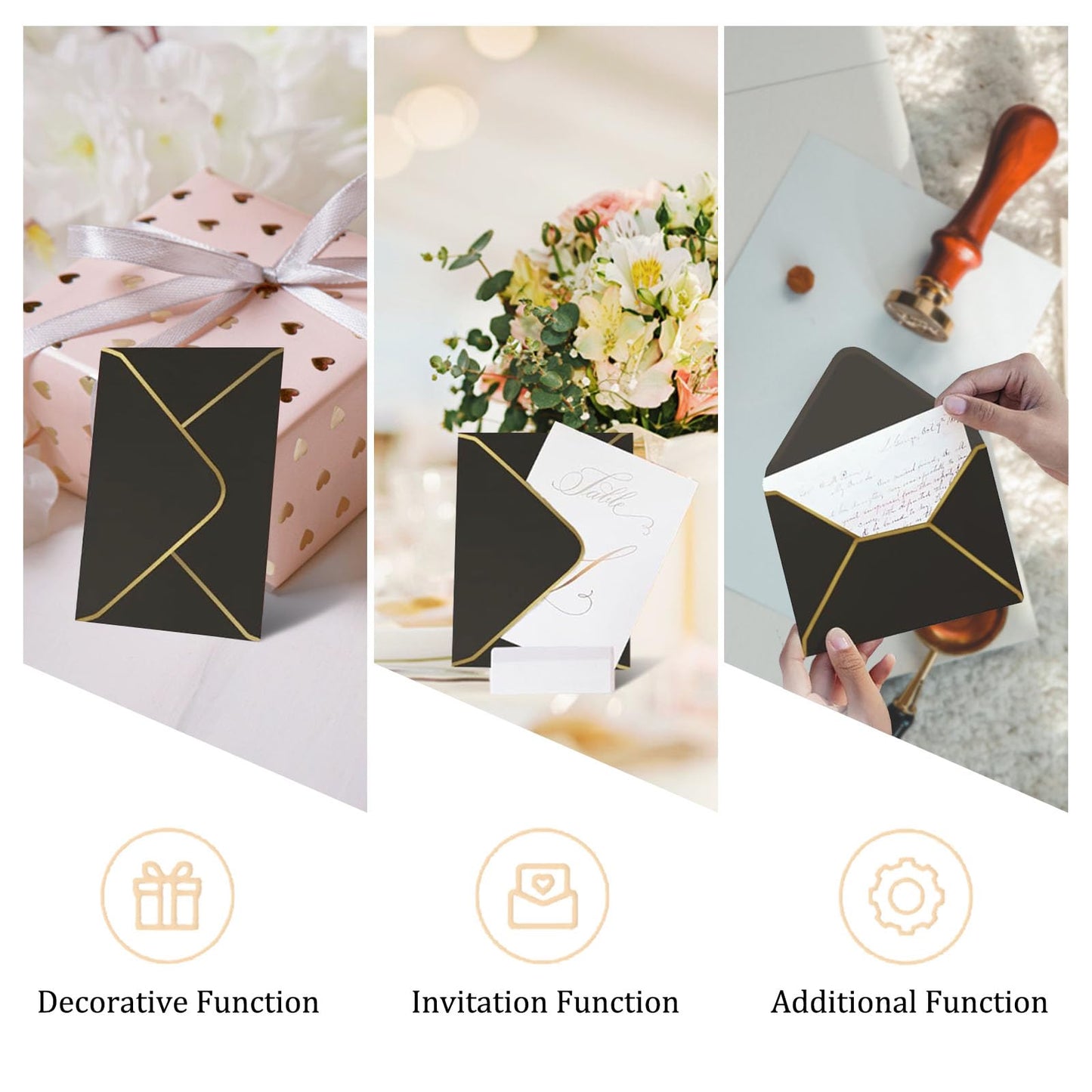 (50 Pack 5x7 Inch) Black Envelopes for Invitations with Gold Border, Self Adhesive A7 Envelopes with V-Flap, Great for Graduation, Invitation, Baby Shower, Wedding and RSVP Cards
