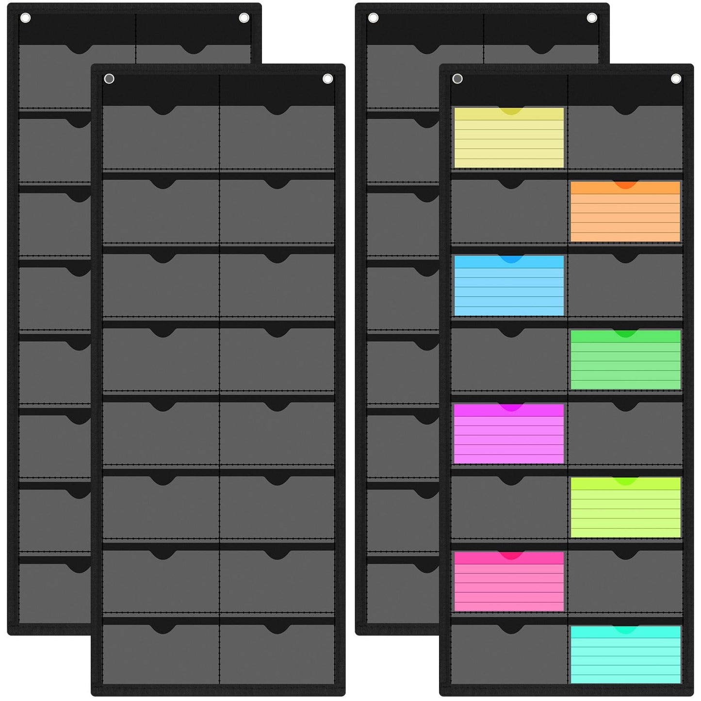 AmazingSpark 4 Pack 4'' x 6'' Index Card Holder Sleeve 16 Slot Plastic Organizer Hanging Wall Mount Business Note Card Holder PVC Clear Organizer Pocket for Classroom Office Library Home (Black)