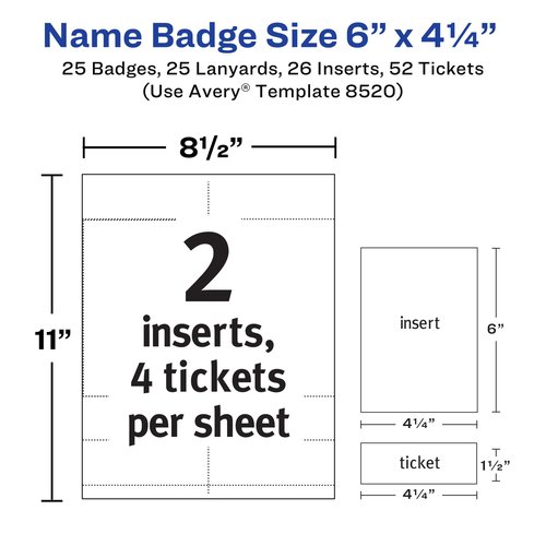 Avery Customizable Name Badges, 6" x 4.25", Laser/Inkjet Printable Inserts Including Tickets, 25 Vertical Name Tag Holders, Includes Lanyards (8520)