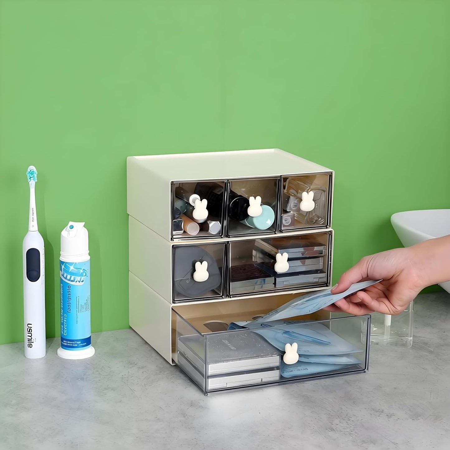 Skiennix Desktop Storage Drawers - Modular Stackable Organizer with 6 Drawers | Cream & Clear Finish