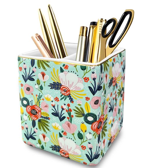 HOMSUN Pen Holder For Desk,Ceramic 2 Compartments Pen Holder Gold Garden Floral Flowers Pencil Holder Women Pen Organizer Desk Organizer Pen Storage Desktop Accessory Office School Home Pen Cup Mint