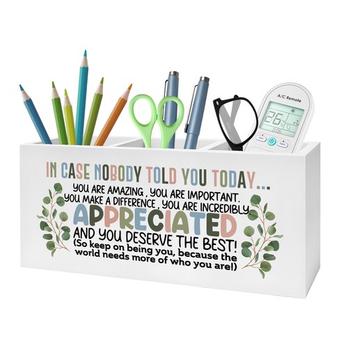 FITIE Boho Inspirational Pencil Pen Holder for Desk, Appreciation Gifts for Coworkers, Boss Gifts for Women Men Wooden Pencil Holder Organizer for Home Office Desk Accessories