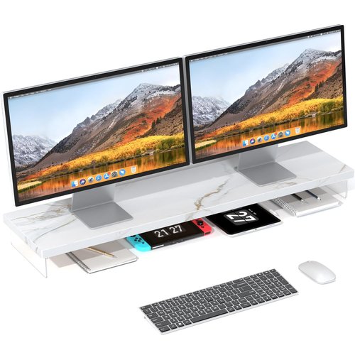 SSWOOD Dual Monitor Stand Riser, 40" Large Computer Monitor Stands for 2 Monitors, Wooden Desktop Organizer Shelf for Office Desk Computer, Laptop, TV, Monitor, Printer
