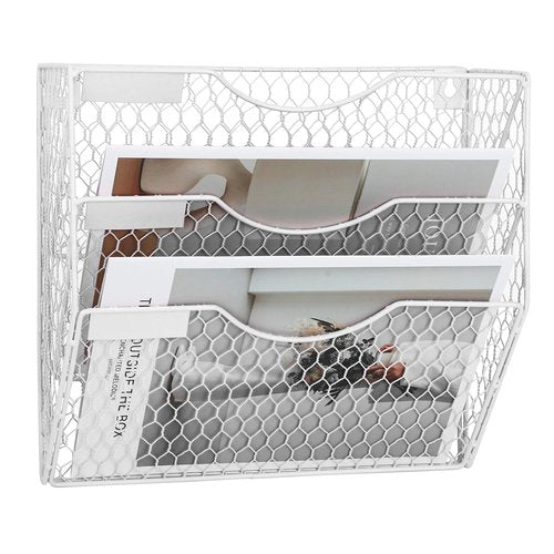 EASEPRES Mail Organizer Wall Mount Hanging File Holder Storage, Metal Chicken Wire Magazine Rack 3 Tier, White