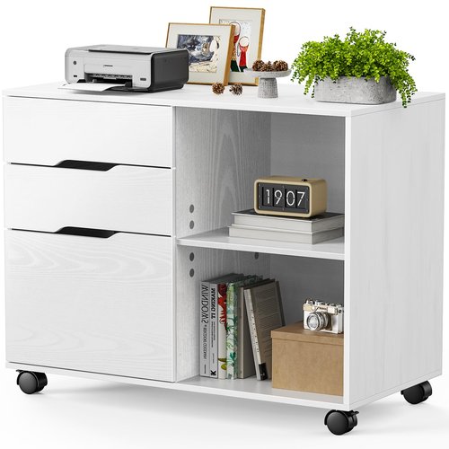 Sweetcrispy 3-Drawer File Cabinet Lateral Mobile Filing Under Desk Storage Organizer with Wheels Printer Stand & Open Shelves for Home Office Organization, Whitewood