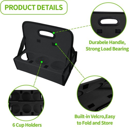 Boczif Cup Caddy - Portable 6-Cup Drink Carrier with Handle | Folds Flat for Coffee, Wine, Cocktails (Black)