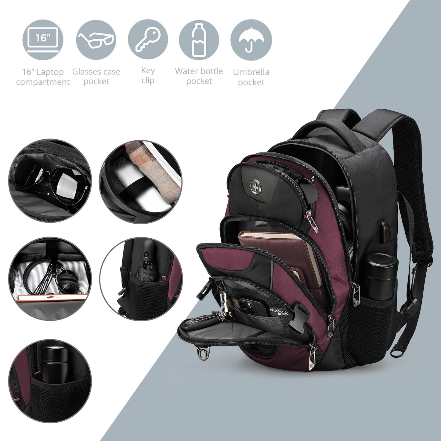 Swissdigital Design Laptop Backpack with USB Charging Port, Travel Backpack Fits 15.6 inches Computer, 31L College School Backpack for Women, Angola red/Black | SD803-44